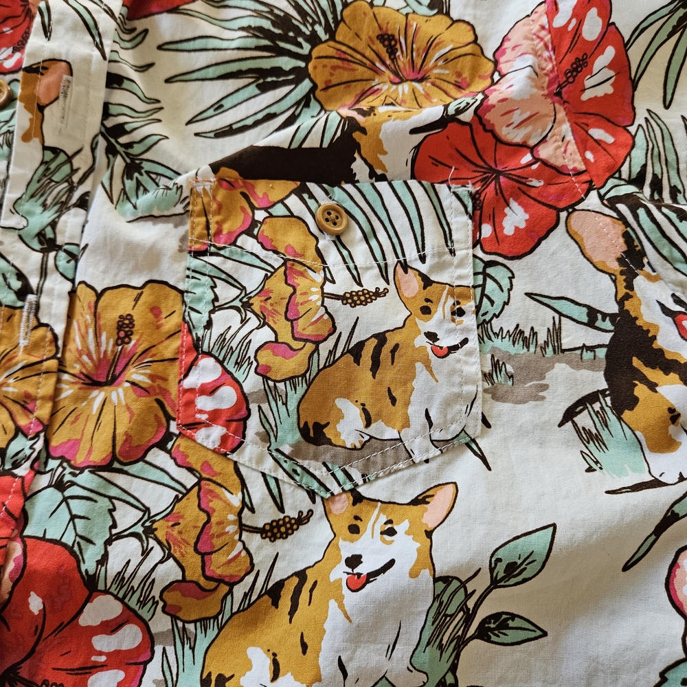 Hot Topic Men's Corgi Floral Shirt - Red, Orange, Green - Picture 5 of 9
